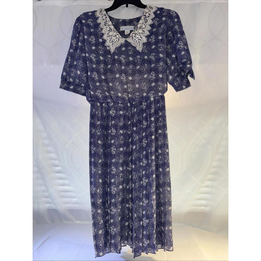Vtg Meryl Fashions Womens Dress Size 14  Blue Floral Lace Collar Pleated